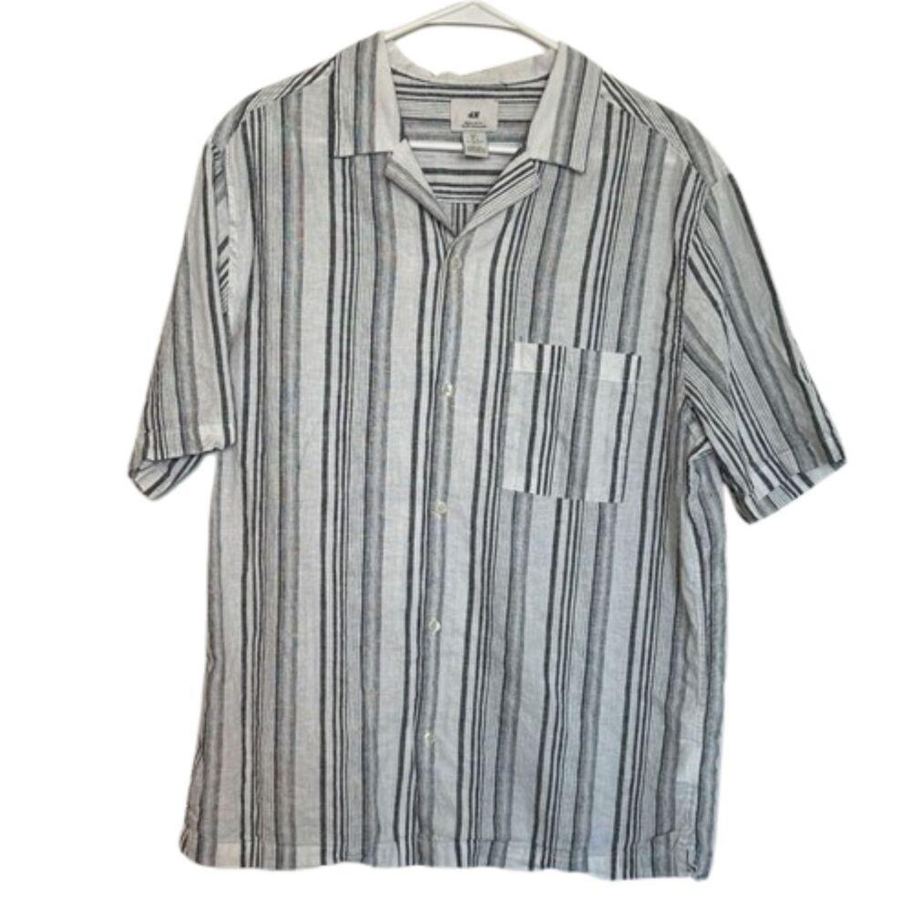 H&M Linen Casual White Striped Shirt Mens Large Beachy Vacation Button Up Light